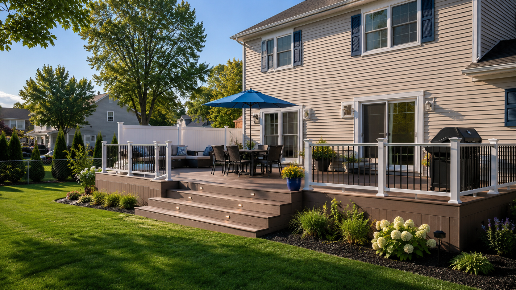 Composite backyard deck with white railings, umbrella, and landscaped yard by Appreciate Home Improvement, Rochester NY
